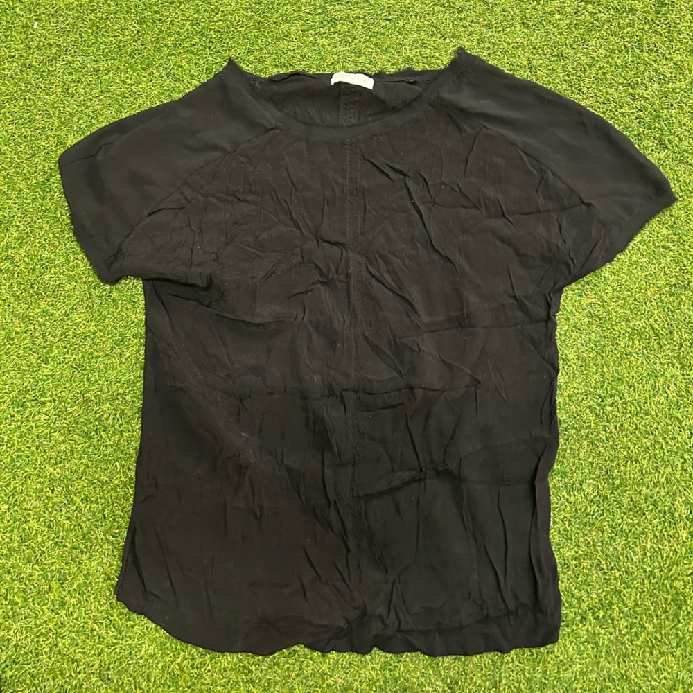 Zara Woman Black Crinkle Texture Raw Edge Short Sleeve Top Medium